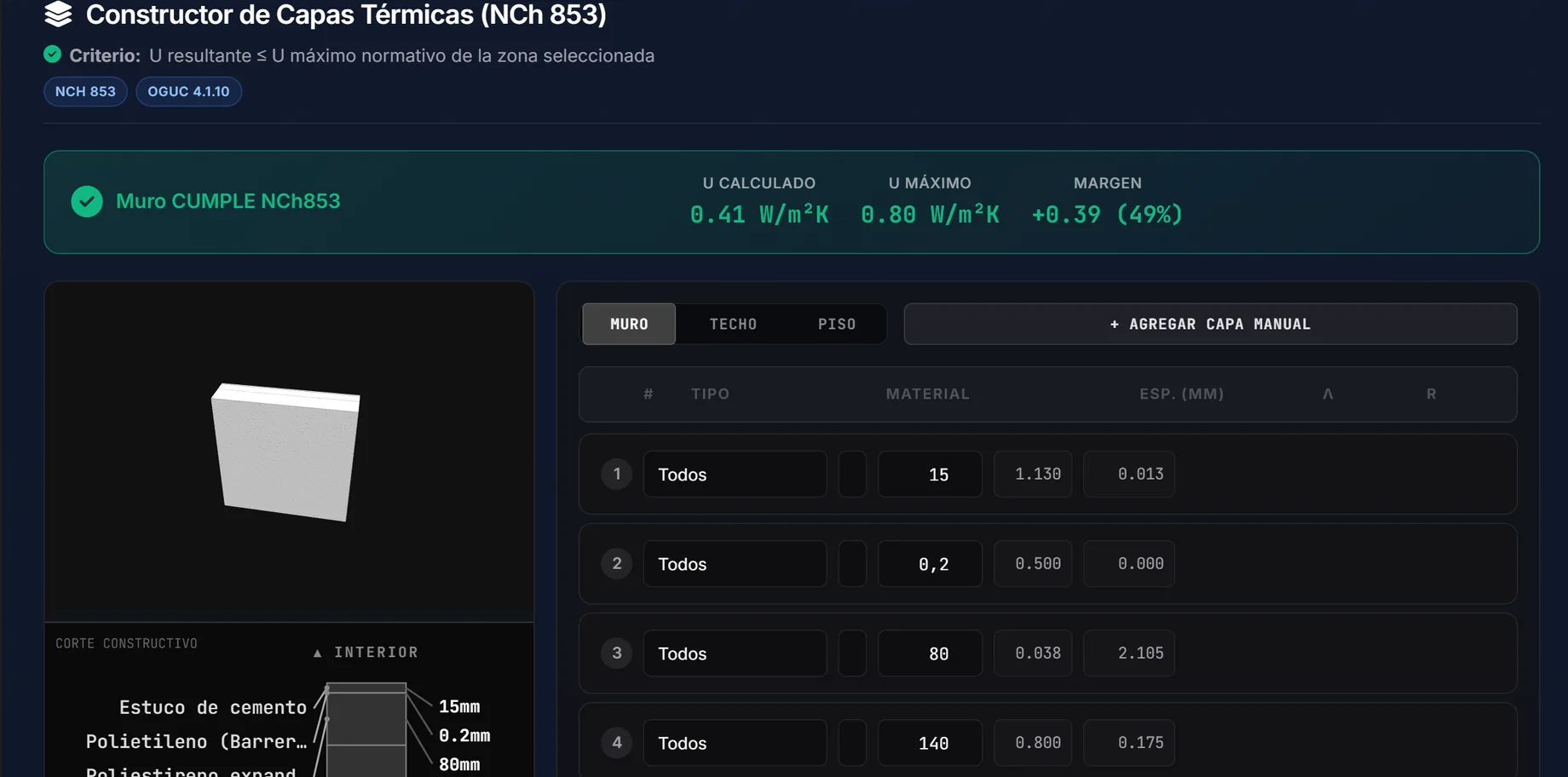 Constructor de capas térmicas de NormaCode: muro albañilería + EPS con corte constructivo a escala, U calculado 0.41 W/m²K, CUMPLE NCh 853 con 49% de margen (proyecto demo)