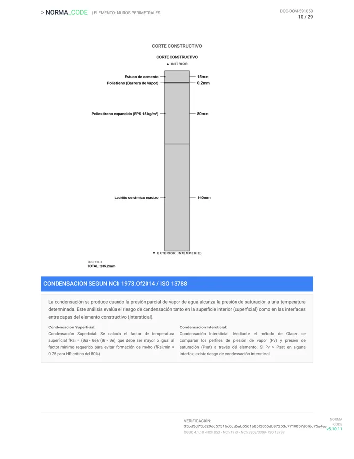 Página real del Expediente DOM generado por NormaCode: corte constructivo escalado del muro con barrera de vapor y análisis de condensación NCh 1973 / ISO 13788